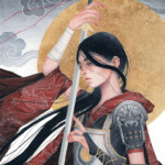 Kelogsloops, “A Warrior’s Ballad”, watercolour, ink, coloured pencil, graphite and 23K gold leaf on Arches, 16 x 12 inches, $1,100 | Mulan
