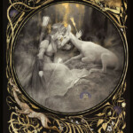 Yoann Lossel, “Diane”, mixed media: graphite, gold leaf (24k, chamgpagne and lemon), silver leaf and hydreangeas petals on Arches paper, deer in relief and gilded with gold leaf(champagne), 22.85 x 17.13 inches, $4,800 | Diane