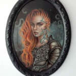 Ingrid Tusell, “Boudica, The Warrior Queen”, oil on wood, 29 x 14 inches, $850 | Boudica