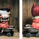 Kathie Olivas, “Elizabeth”, oil, acrylic, doming resin, found objects, epoxy resin, wood, on cast resin and vinyl, 12 inches, $1,100 | Elizabeth Bathory