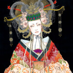 Andi Soto, “Ruler of the Heavens”, ink , graphite, watercolor, color pencils, gel pens, markers and gold leaf on Bristol Vellum paper, 12 x 9 inches, $850 | Wu Zetian