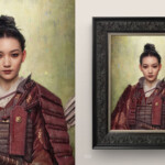 Tom Bagshaw, “Tomoe Gozen – Onna-bugeisha”, one off hand embellished digital painting on cotton rag stock, mounted on board, varnished and framed, 16.5 x 14.5 inches, $950 | Tomoe Gozen