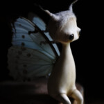 Mahlimae, "Echo III”, stone clay, hand blown glass, Australian merino wool, Morpho luna wings, 4.73 inches sitting height (to tip of antennae), $560