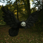 Scott Radke, “Ravens”, Magic sculpt, burlap, wire acrylic paint, 30.5 W x 21 H inches (at the longest points), $675 ($1200 for the pair)