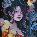 Daria Theodora, “An Offering” Oil and pasted Chiyogami Paper on paper, 7 x 5 inches, $450