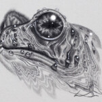Kane Kokaris, “Toad”, graphite and acrylic on stonehenge 250gsm paper, 2.3 x2.7 inches, coral frame, $100