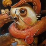 Jesús Aguado, “Pigeon, bee and octopus”, Acrylics on compressed cardboard with gesso, gloss varnish, 10 x 10 inches, $400