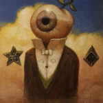 Jesús Aguado, “Inside the apple”, Acrylics on wooden panel with gesso. craquelure varnish, oil, gloss varnish, 6 x 6.5 inches, $400