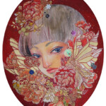 Daria Theodora, “Ambivalence”, ink, watercolor, acryla gouache, glitters, and 24 k gold, 13.5 x 10.5 inches (oval), 16.5 x 11 inches (oval) framed, $900