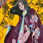 Daria Theodora, “The Story Weaver”, ink, watercolor and acryla gouache on paper, 10 x 8 inches, 14 x 12 inches framed, $750