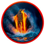 Jon Ching, "Kumulipo", oil on wood, 16 inches diameter, 17.5 inches framed, $1200