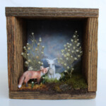 Meadow & Fawn, "Coexistence of the Sun and Moon", mixed media wooden shadowbox: hand sculpted polymer clay sculptures painted with acrylic paint, 6 x 5 x 6 inches, $750