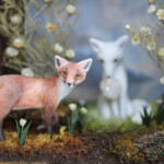 Meadow & Fawn, "Coexistence of the Sun and Moon", mixed media wooden shadowbox: hand sculpted polymer clay sculptures painted with acrylic paint, 6 x 5 x 6 inches, $750 (Detail)