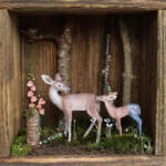 Meadow & Fawn, "From the Stars", mixed media wooden shadowbox: hand sculpted polymer clay sculptures painted with acrylic paint, 8 x 5 x 8 inches, $850