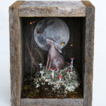 Meadow & Fawn, "Hare in the Moon", mixed media wooden shadowbox: hand sculpted polymer clay sculptures painted with acrylic paint, 5 x 4 x 6 inches, $620
