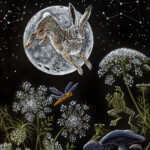 Eddie Scheibel Ehlers, "Hare on the Moon", color pencil, silver ink on black strathmore paper, 9.5 x 7.5 inches, $475