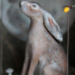 Meadow & Fawn, "Hare in the Moon", mixed media wooden shadowbox: hand sculpted polymer clay sculptures painted with acrylic paint, 5 x 4 x 6 inches, $620 (Detail)