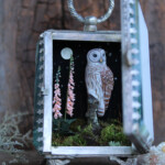 Meadow & Fawn, "Night Keeper", mixed media shadowbox: hand sculpted polymer clay sculptures painted with acrylic paint, 2.5 x 2 x 5 inches, $480 (Detail)
