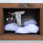 Meadow & Fawn, "Outspread II", mixed media wooden shadowbox: hand sculpted polymer clay sculptures painted with acrylic paint, wool clouds, 6 x 3.5 x 5 inches, $540