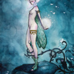 June Leeloo, "Dans la nuit brune, la lune", watercolor and gold ink on arches paper, 11.7 x 8.3 inches, $690