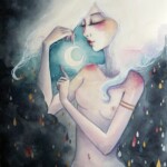 June Leeloo, “Nyx”, watercolor and gold on Fabriano paper, 18 x 12 inches, 14.5 x 20 inches framed, $1300