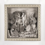 Daria Aksenova, "Auspicious Beasts”, Pen and Ink on hand cut, suspended, layered paper (Shadowbox Paper Sculpture), 14.25 x 14.25 x 2.5 in, 16 x 16 x 3.75 in framed, $4,200
