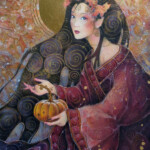 Nikolas Tower, “Autumn”, watercolors, ink, color pencils, 24kt gold leaf & shell gold on hot pressed paper, 11 x 8 inches, $600