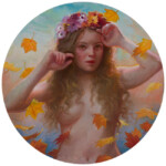 Howard Lyon, “Autunno”, oil on wood panel with 22k gold leaf on the heel of the panel, 5 inches diameter, $725