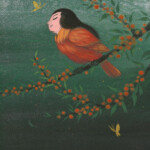 Martin Hsu, Cardinal and Firethorn (summer), acrylic on wood panel, 10 x 8 x 0.75 inches, $750