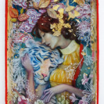 Daria Theodora, “Guardians of the Heavenly Beasts: Autumn”, mixed media (oil, acryla gouache, 24k gold) between resin layers on vintage tray, 8.5 x 5 x 0.5 inches, $750