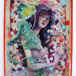 Daria Theodora, “Guardians of the Heavenly Beasts: Spring”, mixed media (oil, acryla gouache, 24k gold) between resin layers on vintage tray, 8.5 x 5 x 0.5 inches, $750