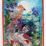 Daria Theodora, : “Guardians of the Heavenly Beasts: Summer”, mixed media (oil, acryla gouache, 24k gold) between resin layers on vintage tray, 8.5 x 5 x 0.5 inches, $750