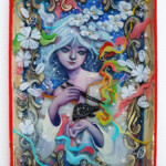 Daria Theodora, “Guardians of the Heavenly Beasts: Winter”, mixed media (oil, acryla gouache, 24k gold) between resin layers on vintage tray, 8.5 x 5 x 0.5 inches, $750
