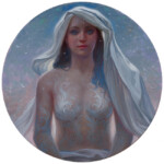Howard Lyon, “Inverno”, oil on wood panel with 22k gold leaf on the heel of the panel, 5 inches diameter, $725