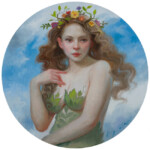 Howard Lyon, “Primavera”, oil on wood panel with 22k gold leaf on the heel of the panel, 5 inches diameter, $725