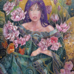 Nikolas Tower, “Spring”, watercolors, ink, color pencils, 24kt gold leaf & shell gold on hot pressed paper, 11 x 8 inches, $600