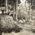 Calvin Laituri, “Lunar Gristmill”, archival ink and carving on clayboard surface with 1/8" hardboard backing, 14 x 11 inches, $1,300
