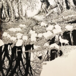 Calvin Laituri, “Stranger in the Field”, archival ink and carving on clayboard surface with 1/8" hardboard backing, 14 x 11 inches, $1,100