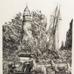Calvin Laituri, “Evening Storms”, archival ink and carving on clayboard surface with 1/8" hardboard backing, 12 x 9 inches, $950